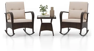 Produktbild von COSTWAY Gartenmöbel-Sets 3-tlg., 2 Polyrattan Schaukelstühlen mit Glastisch, Gartenlounge 2 Personen inkl. Kissen, Balkonmöbel Kleiner Balkon Braun