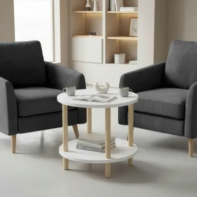 Produktbild von CARENZA HOME Beistelltisch Rund Eiche 2 Ablagen 49 x Ø 42 cm Wohnzimmer Sofatisch Couchtisch Holzmer (Weiß, Rund)