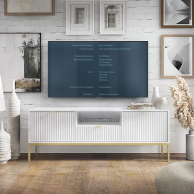 Produktbild von Weißes Modernes Geriffeltes TV-Board KIOTO RTV2D1SZ Gold Gestell Lowboard