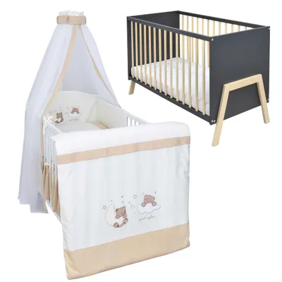 Produktbild von Babybett Kinderbett Gitterbett Juna 60x120 Anthrazit Schutzgitter Matratze Bettwäsche Set 10tlg Traumland Beige