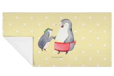 Produktbild von Mr. & Mrs. Panda Handtuch Pinguin mit Kind - Gelb Pastell - Geschenk, Muttertag, gesichtstuch, Familie, 50x100, frottierhandtuch, Mutter, gesichtshandtuch, Vorbild Mama