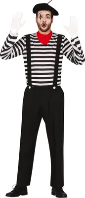 A man dressed as a mime, posing for a product photo.