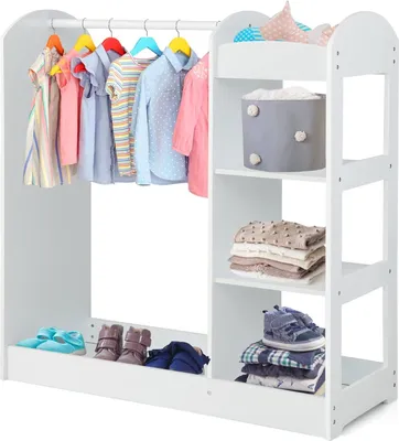 Produktbild von Kinderkleiderschrank mit Spiegel und Kleiderstange, Kinder Kleiderschrank Kinderregal mit 4 offener Abalgen, Kinder Kleiderständer für Kinderzimmer, 93,5x38x100cm (Weiß)
