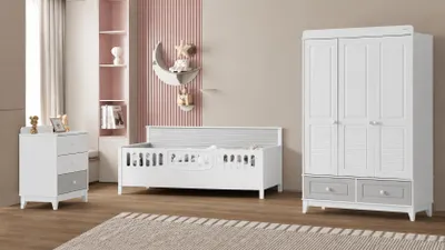 Image de Ensemble de chambre pour enfants moderne comprenant un lit, une commode et une armoire
