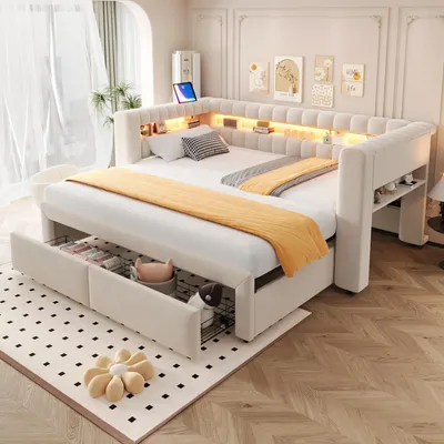 Produktbild von STILVORA Polsterbett 90/180x190 cm mit ausziehbarem Bett und Schubladen, Schlafsofa mit integrierten Staufächern und LED-Beleuchtung, Funktionsbett mit USB- und Typ-C-Anschlüssen