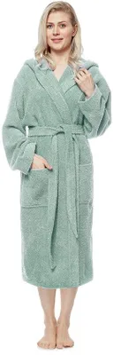 Produktbild von Ibenzoa® Damen-Bademantel mit Kapuze – 100% Baumwolle (380 g/m²), , wadenlang oder extra lang, 2 Taschen & Gürtel, ideal für Sauna, Spa und Reise