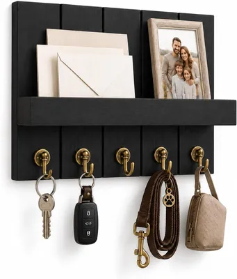 Produktbild von Schlüsselbrett Holz mit 5 Haken, Ablagefläche, Schwarz, für Eingangsbereich