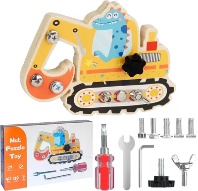 Immagine prodotto di Tavola di legno Montessori con viti - Dinosauro - Escavatore - Giocattolo - Giocattolo per bambini - Pannello attività - Tavola con viti - Giocattolo in legno
