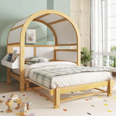 Produktbild von Flieks Kinderbett Hausbett 140x200cm mit ausziehbarem Bett, Erweiterbares Kinderbett Dachbett mit Ablage, Kinder Tagesbett Schlafsofa, Naturbelassen