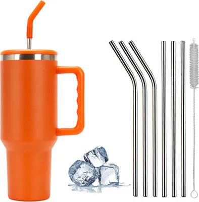 Produktbild von 1200ml Becher mit Griff und Stroh, 304 Doppelwandiger Vakuum Edelstahl Tragbare Autobecher Reiseflasche, Kaffeebecher für unterwegs oder Büro, orange, 40 OZ