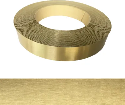 A roll of brass-colored edge banding tape with a brushed metal finish, shown against a white background. A close-up of the tape's texture is also visible below.