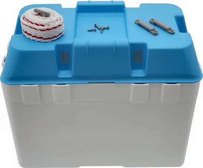 Produktbild von Batteriebox für 12V Batterien Batteriekasten aus Kunststoff universell für Boote Wohnmobile PKW LKW Traktor Farbe: Deckel blau