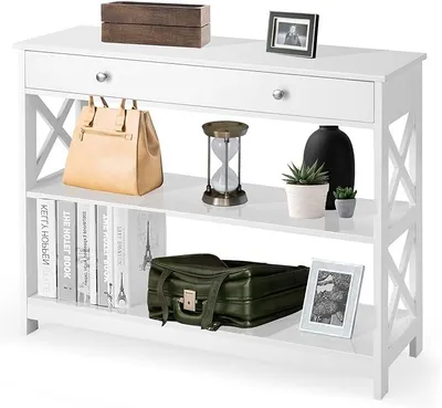 Produktbild von Konsolentisch schmal, Flurtisch mit Schublade & 2 Ablagen, Beistelltisch Eingangstisch schmaler Dielentisch, moderner Dekotisch Sideboard mit Kippschutz, 100x30x80 cm (Weiß)