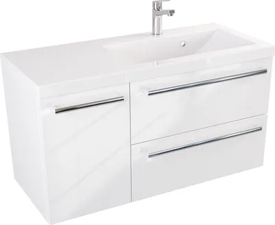 Produktbild von FURNI Waschtischunterschrank ATH 90 cm - Weiß Hochglanz - Hängender Badschrank mit Mineralguss-Waschbecken - Griffe - Vormontiert