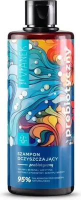 A bottle of Vianek shampoo with a colorful, abstract design.