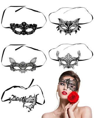 5 Spitzenmasken, schwarz, sexy Augenmasken für Maskenball & Halloween