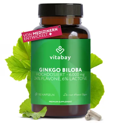 Produktbild von Vitabay Ginkgo Biloba 6000mg Hochdosiert - 180 Ginkgo Kapseln VEGAN - Kapseln mit 24% Flavone & 6% Lactone - Hochdosiert und Vegan