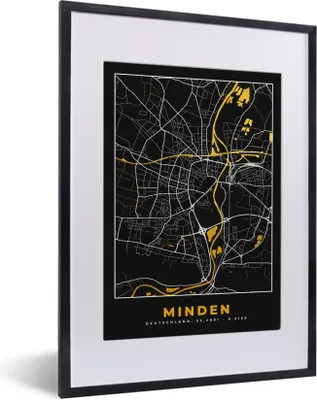 Produktbild von MuchoWow® Gerahmtes Poster Karte - Karte von Minden - Deutschland - Gold 30x40 cm - Poster mit Schwarzem Bilderrahmen Wandposter Rahmen Foto Bilder - Wandposter Schlafzimmer