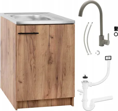 A kitchen sink cabinet with a faucet and plumbing accessories displayed separately.