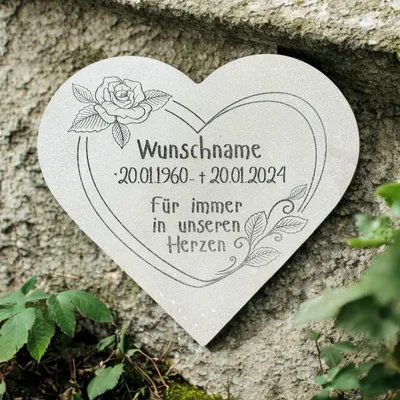 Produktbild von Herz Grabherz mit Rosenranke und Individueller Gravur/Wunschtext- Gedenkstein Grabschmuck Dekoration 19cm Steinguss Natur