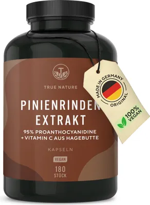 Produktbild von Pinienrindenextrakt Kapseln - 180 Kapseln à 660mg - mit 95% Proanthyocyanidine + Vitamin C aus Hagebutte (trägt zur normalen Funktion des Immunsystems bei) - französische Seekiefer - TRUE NATURE®