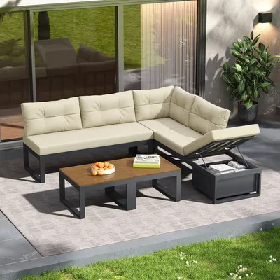 Produktbild von MODFU Mehrzweck-Gartenmöbelset,Gartensofa mit 3-stufig verstellbarer Rückenlehne und Liegefunktion,Freizeitsofa mit Stauraum,Beige