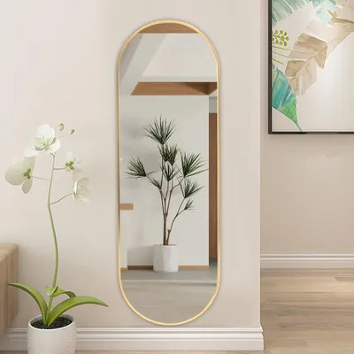 Produktbild von Livingandhome Ganzkörperspiegel in Kapselform mit goldenem Metallrahmen – 120 x 40 cm, explosionsgeschützt & mit Haken