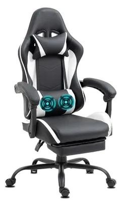 A black and white gaming chair with a footrest and headrest, shown from the front.
