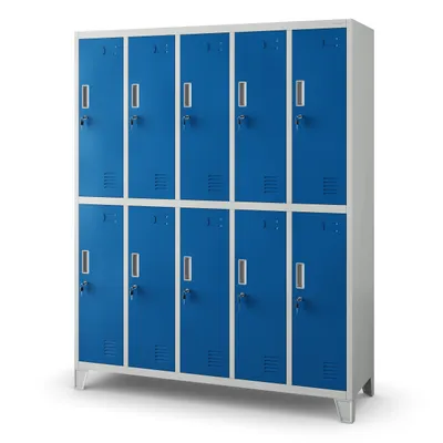 A white background showcases a tall, blue metal locker unit with multiple compartments.