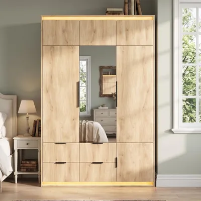 Imagen del producto de Armario con espejo e iluminación LED, de 135x47x200 cm, de 3 puertas, con una barra para colgar ropa y 4 cajones, acabado en roble