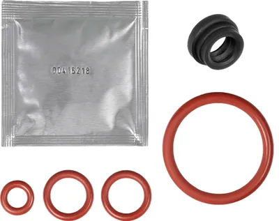 A collection of seals and O-rings, including a small foil packet with a code printed on it.