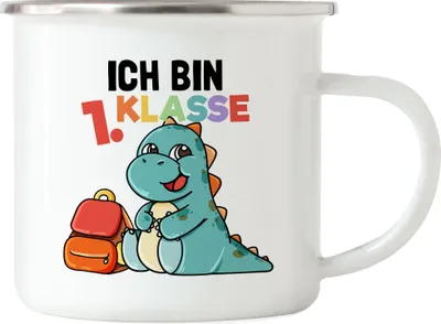 Produktbild von Ich Bin 1. Klasse Emaille Tasse Süßes Dino Motiv T-Rex Schulkind Einschulung Geschenk