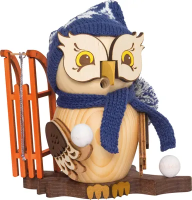 Produktbild von Drechslerei Kuhnert - Räucherfigur Eule mit Schlitten - Größe ca. 15cm, für Räucherkerzen Größe M (Standard) - 37221