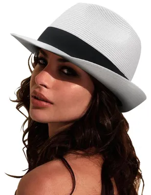 Produktbild von Damen Panama Hut Breiter Krempe Stroh Sommer Fedora Rollbar UV Sonnenhut UPF 50+ Weiß