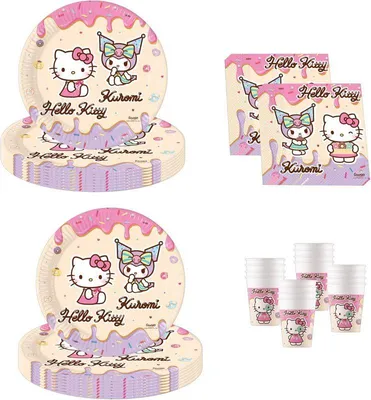 Produktbild von Hello Kitty & Kuromi Geburtstagsdeko, 52-teilig, Pappteller, Becher und Servietten für Kindergeburtstag, Partygeschirr