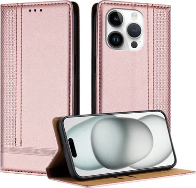 Produktbild von Handyhülle für iPhone 15 Pro Leder Flip Klappbare Schutzhülle mit Standfunktion Pink