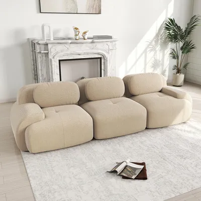 Obrázek produktu pro MODFU, rohová sedačka pro 3 osoby, model Cord. Modulární sedačka s prohnutými područkami a protiskluzovou spodní stranou. Sedačka bez rámu, bez podnožky. Barva: béžová