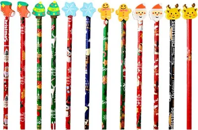 A collection of Christmas-themed pencils with cartoon erasers.