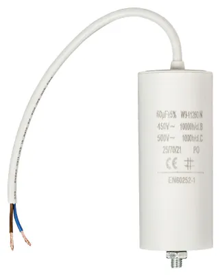A white capacitor with attached wires on a white background.
