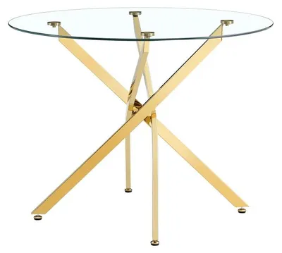 Zdjęcie produktu dla Stół jadalny - Okrągły stół jadalny - Średnica 88 cm - Blat ze szkła hartowanego - Metalowa konstrukcja - Dla 2-4 osób - Nowoczesny design - Złote nogi