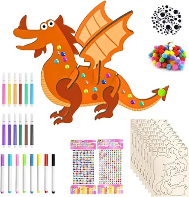 Produktbild von Dinosaurier Holz Bastelset, 8-teilig, Holz Dinosaurier, Bunte Stifte, Glitzersteine, Pompons
