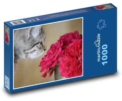 Produktbild von Puzzle 1000 Katze und rote Blumen - martinpuzzle