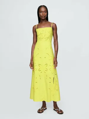 Produktbild von GAP Gelbes Maxikleid mit Stickerei, eckigem Ausschnitt und Slim-Fit-Flare-Schnitt