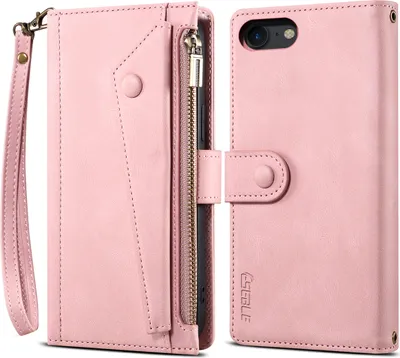 Image de Coque de protection pour iPhone 8/7/6/iPhone SE 2020/SE 2022, étui en cuir zippé, portefeuille pliable avec emplacement pour cartes, support et boucle Rose