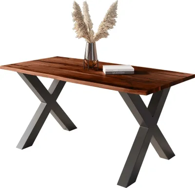 Produktbild von Baumkantentisch Akazie mit schwarzen Resin-Adern nussbaumfarben 140 x 80 cm X-Gestell schwarz POLLY