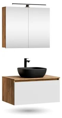 Produktbild von ARISA Badmöbel Set in Weiß - Mit Spiegelschrank "ARIA" und schwarzem Keramik-Aufsatzwaschbecken 42 cm