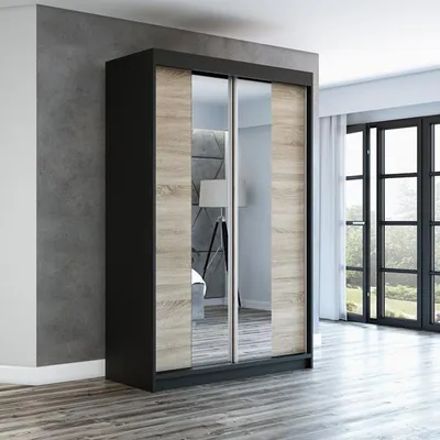 Produktbild von Schwebetürenschrank, 2-türig Schrank mit Spiegel! Moderne Garderobe für Kleidung. Verschiedene Farben (Weiß, Schwarz, Somona) Kleiderschrank NEO 120 cm