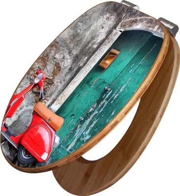 A toilet seat with a printed image of a red scooter parked next to a weathered green door.