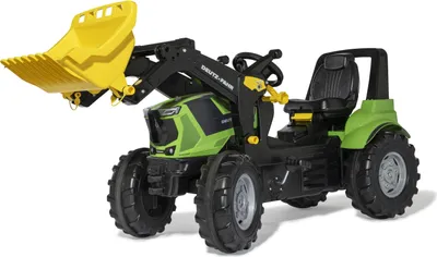 A toy tractor with a front loader, shown from a three-quarter front angle against a white background.