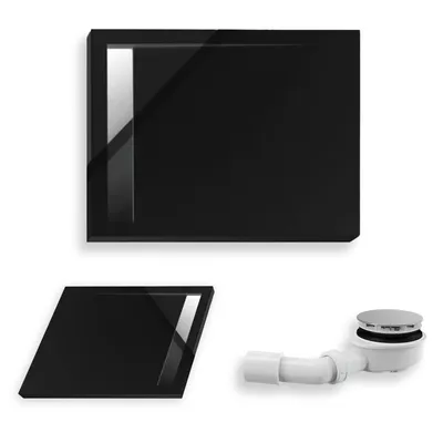 Produktbild von Duschwanne Rechteck 120x100x5 Sanitäracryl Anti-Rutsch Duschtasse Glatt Schwarz Edelstahl gebürstet | Ablaufgarnitur ⌀90 mm im SET | BADLAND WEST NEW